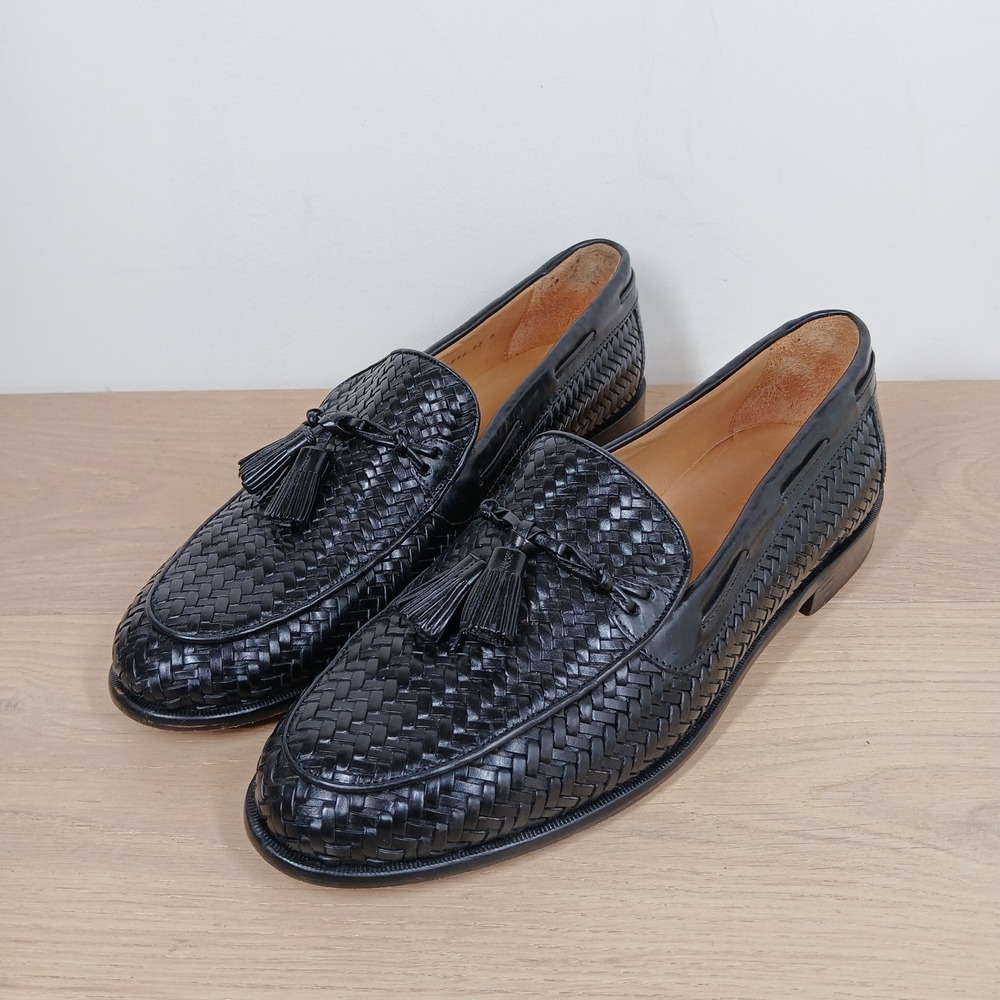 Johnston & Murphy Tassel Loafers Mens 12M Black Woven Leather Italy Slip On